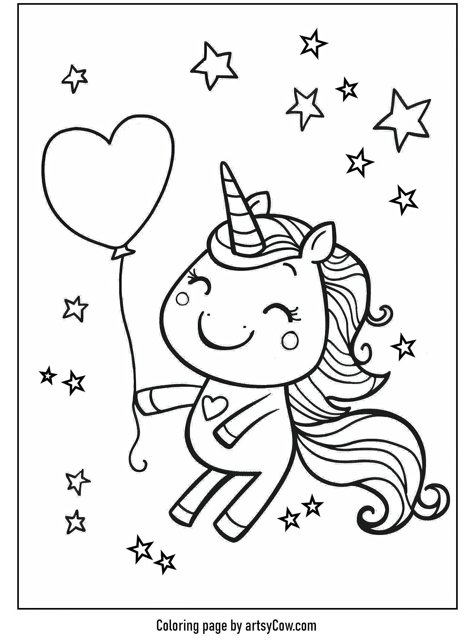 Unicorn with Heart Balloon Coloring Page